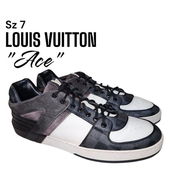 LOUIS VUITTON ACE Sz 7 LV Logo Lace Up Black White Hype Trainer Sneakers Shoes - Picture 1 of 16